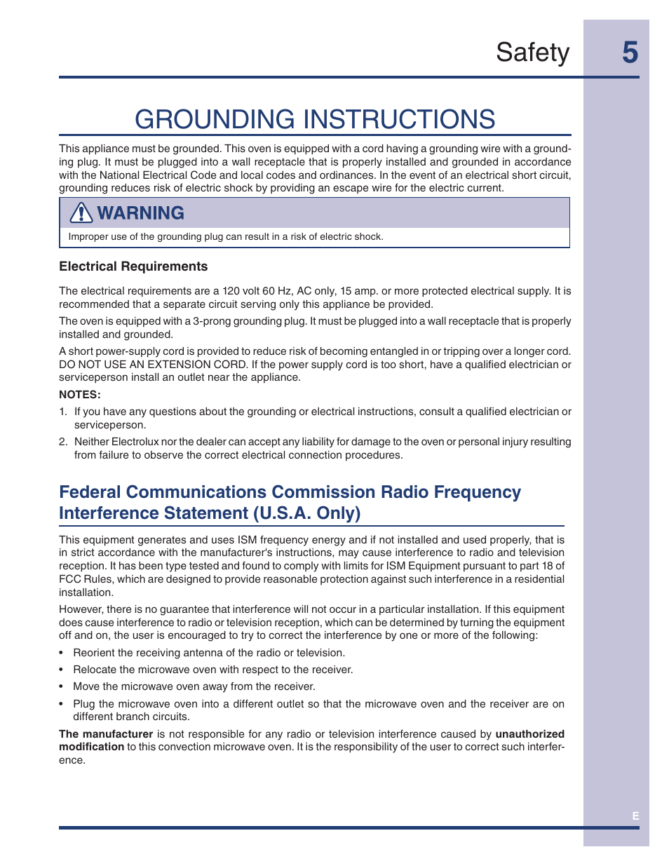 Grounding instructions, Safety | Electrolux TINSEB493MRR1 User Manual | Page 5 / 36
