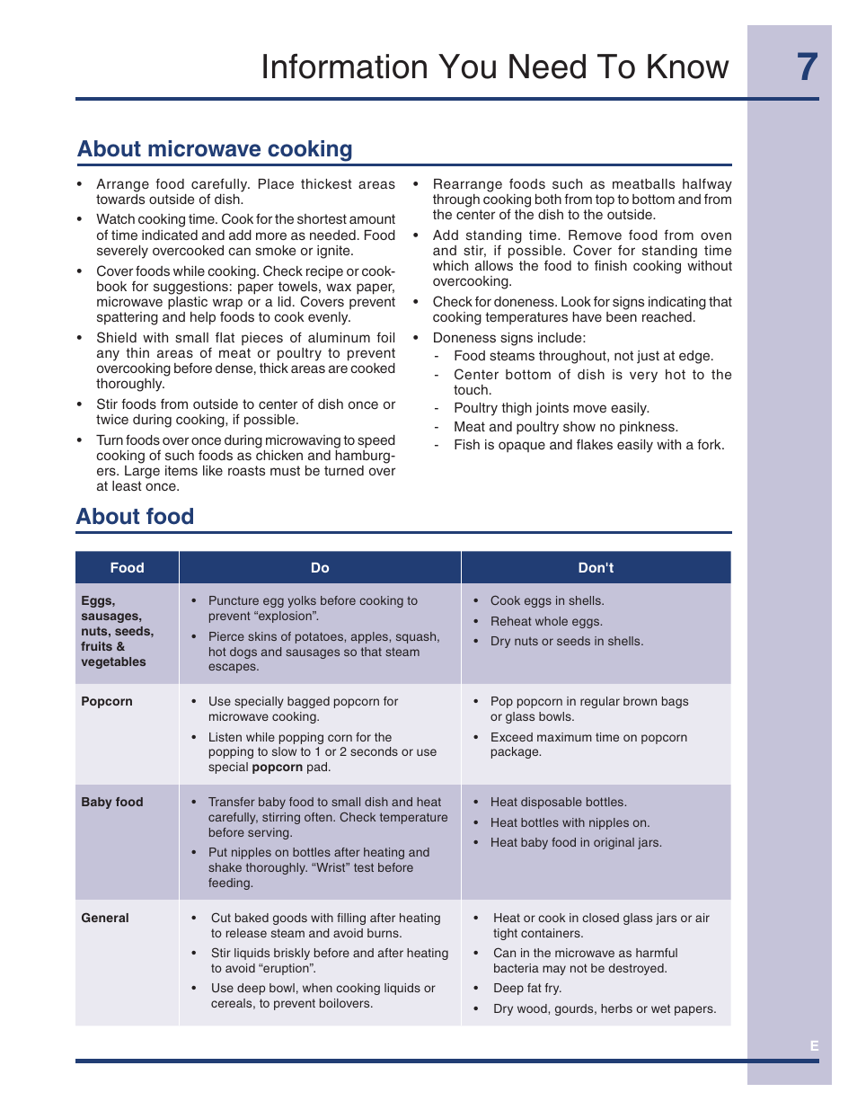 Information you need to know, About food, About microwave cooking | Electrolux TINSEB493MRR1 User Manual | Page 7 / 36