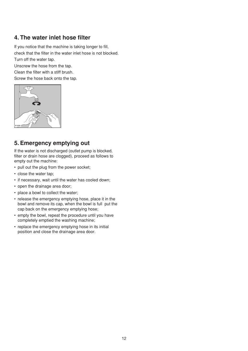 The water inlet hose filter, Emergency emptying out | Electrolux EW502F User Manual | Page 12 / 17