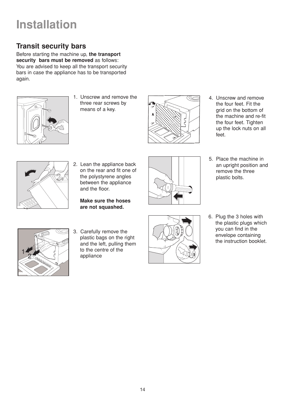 Installation, Transit security bars | Electrolux EW502F User Manual | Page 14 / 17