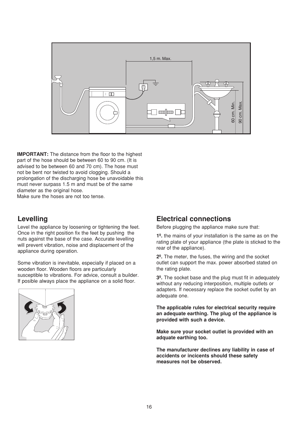 Levelling, Electrical connections | Electrolux EW502F User Manual | Page 16 / 17