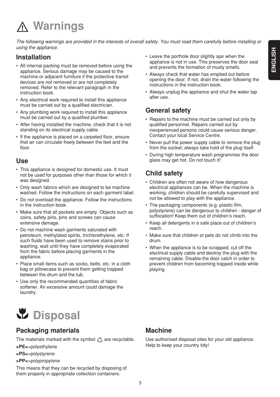 Warnings, Disposal, Installation | General safety, Child safety, Packaging materials, Machine | Electrolux EW502F User Manual | Page 3 / 17