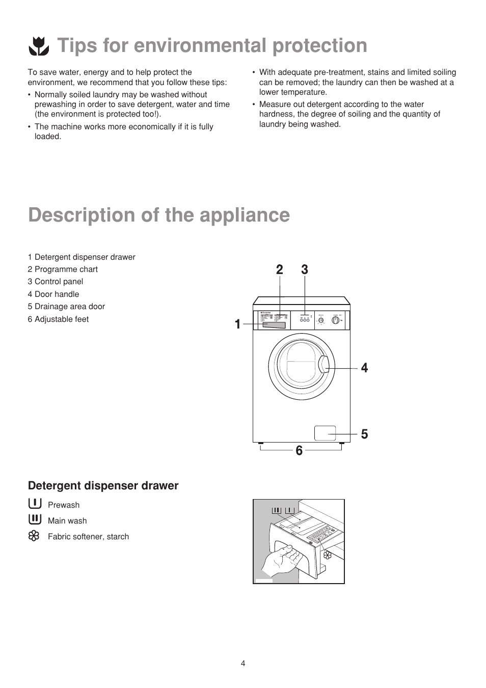 Tips for environmental protection, Description of the appliance, Detergent dispenser drawer | Electrolux EW502F User Manual | Page 4 / 17