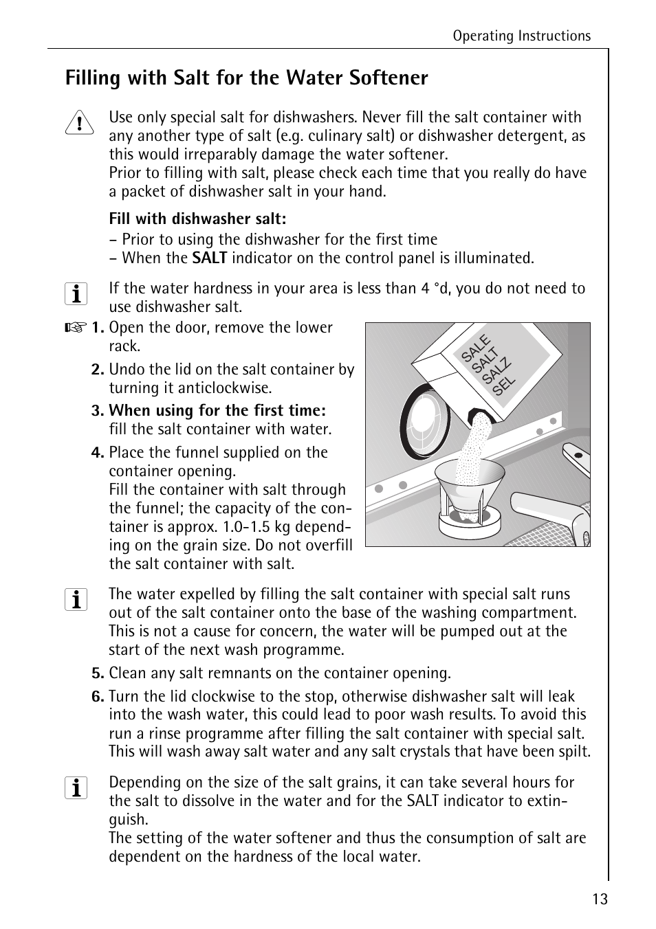 Filling with salt for the water softener | Electrolux 60820 User Manual | Page 13 / 44
