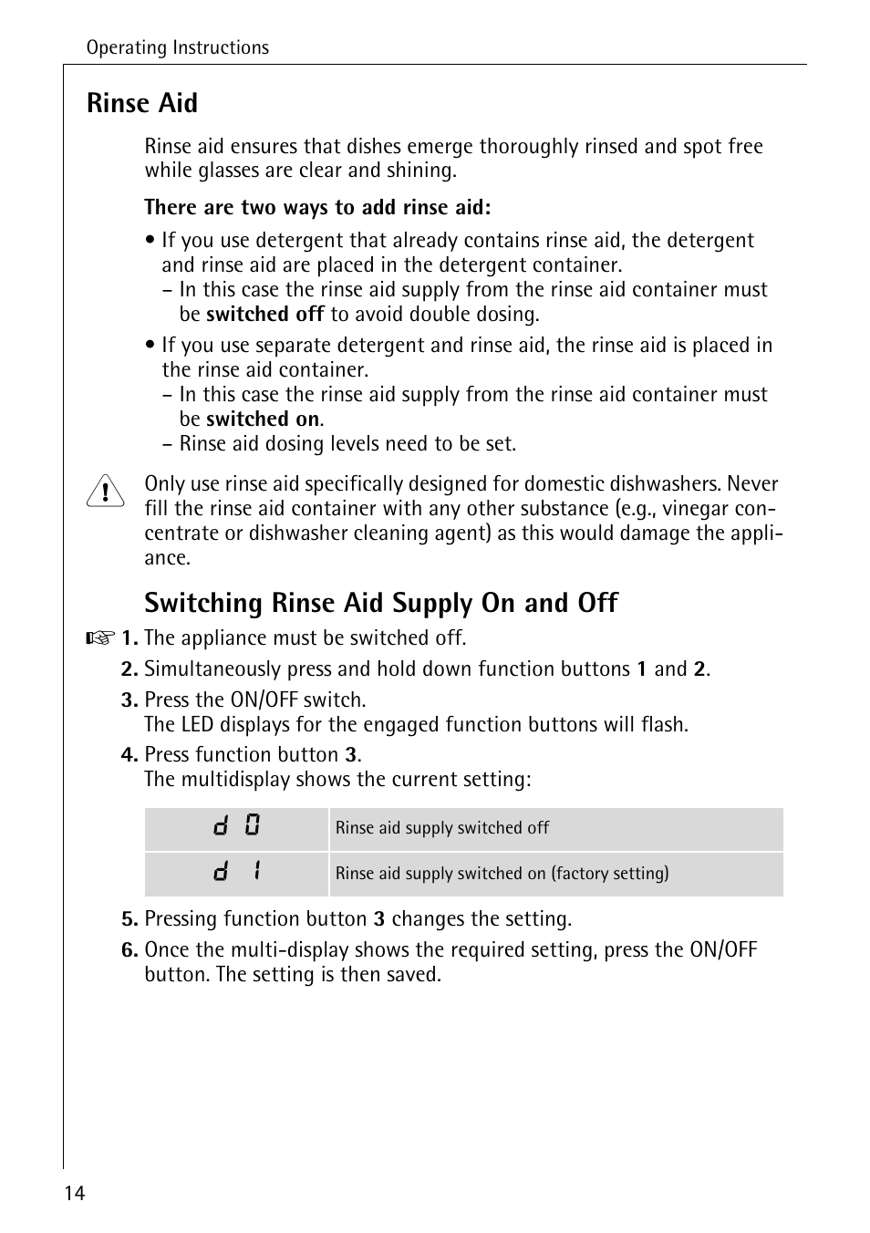 Rinse aid, Switching rinse aid supply on and off | Electrolux 60820 User Manual | Page 14 / 44