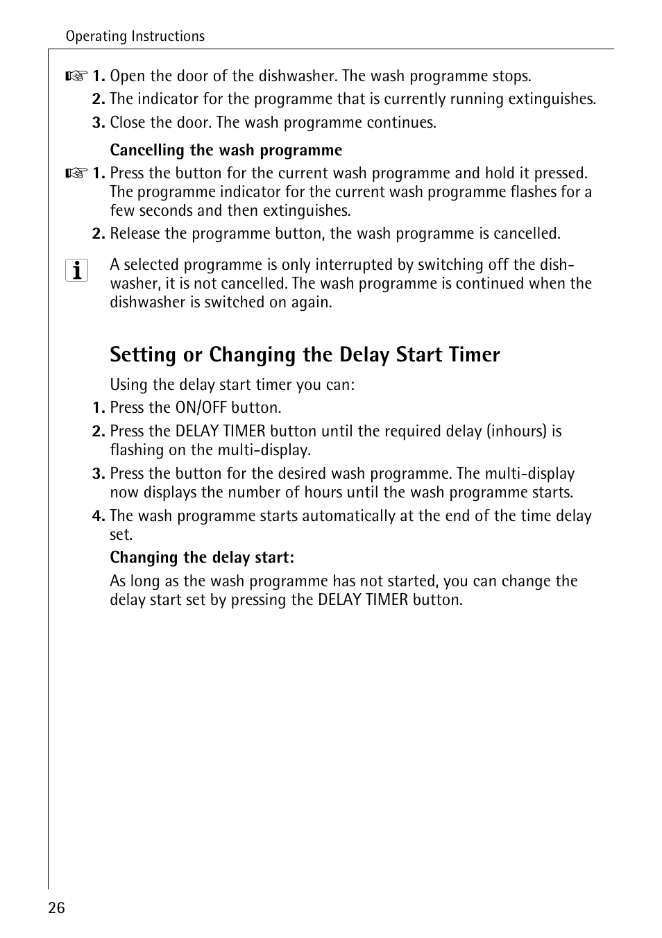 Setting or changing the delay start timer | Electrolux 60820 User Manual | Page 26 / 44