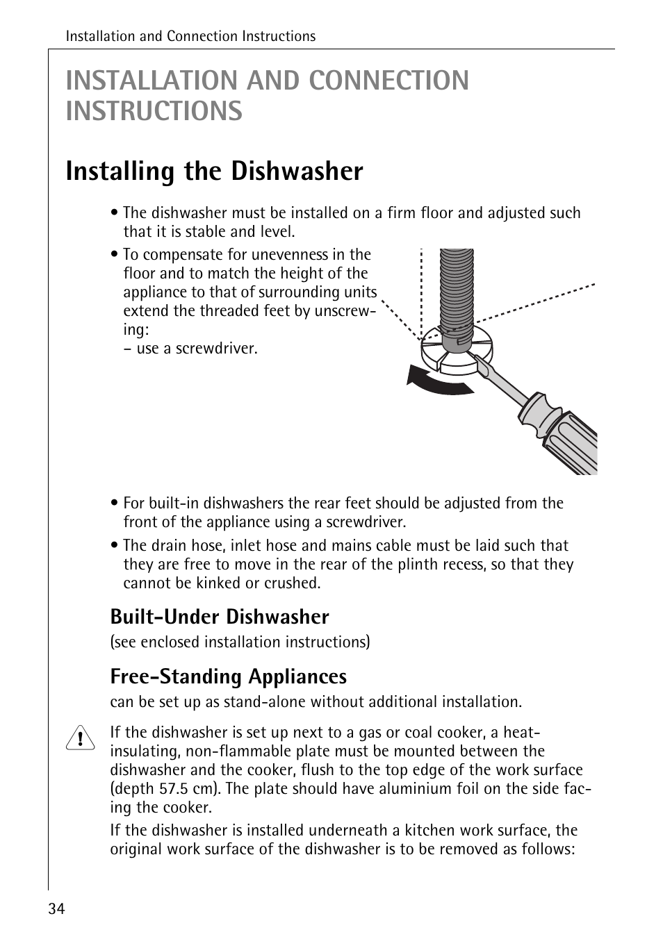 Built-under dishwasher, Free-standing appliances | Electrolux 60820 User Manual | Page 34 / 44