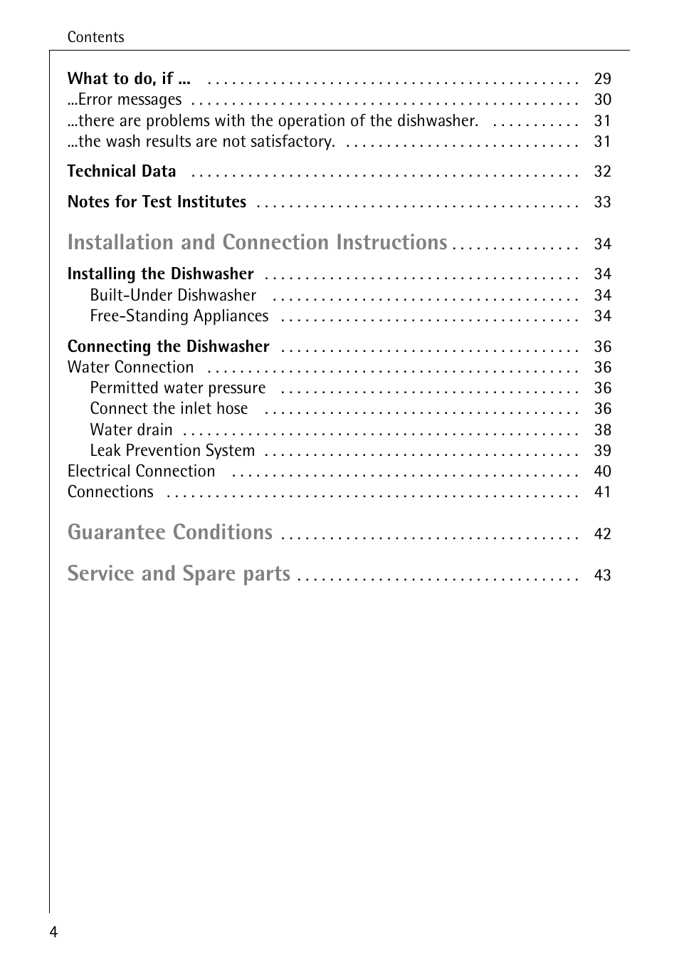 Installation and connection instructions, Guarantee conditions, Service and spare parts | Electrolux 60820 User Manual | Page 4 / 44