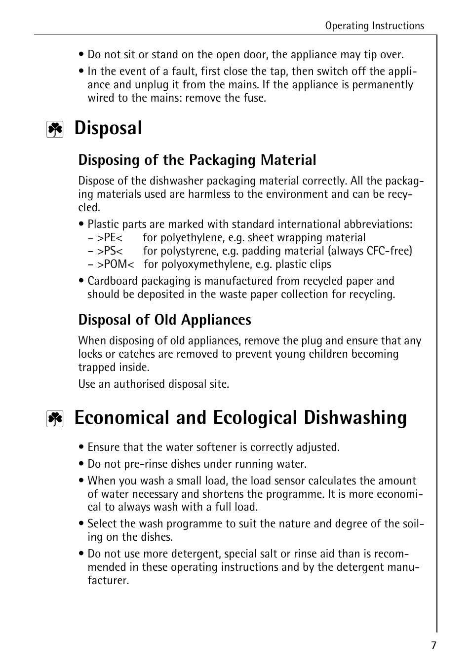 Disposal, Economical and ecological dishwashing, Disposing of the packaging material | Disposal of old appliances | Electrolux 60820 User Manual | Page 7 / 44
