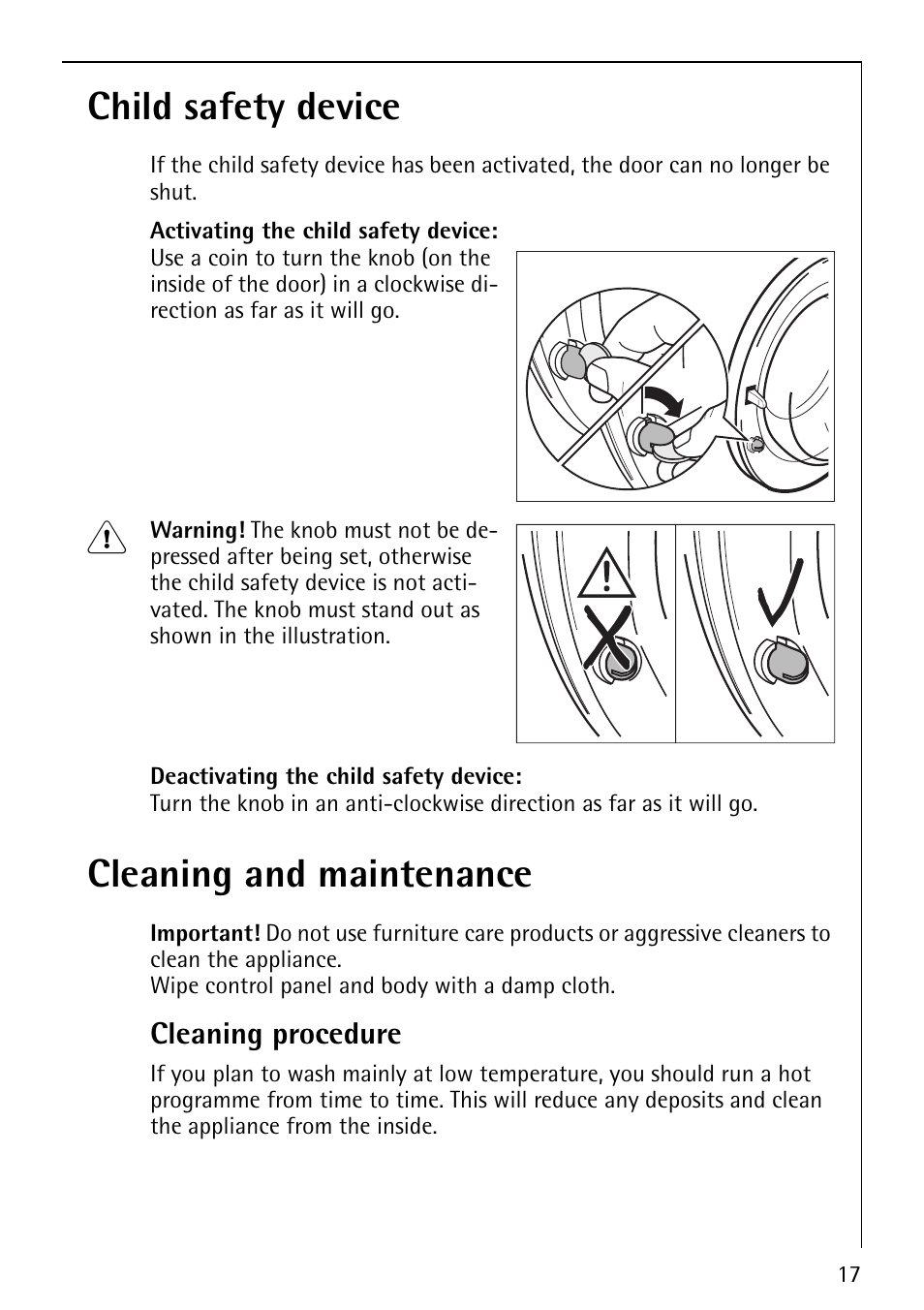 Child safety device, Cleaning and maintenance | Electrolux 76825 User Manual | Page 17 / 40