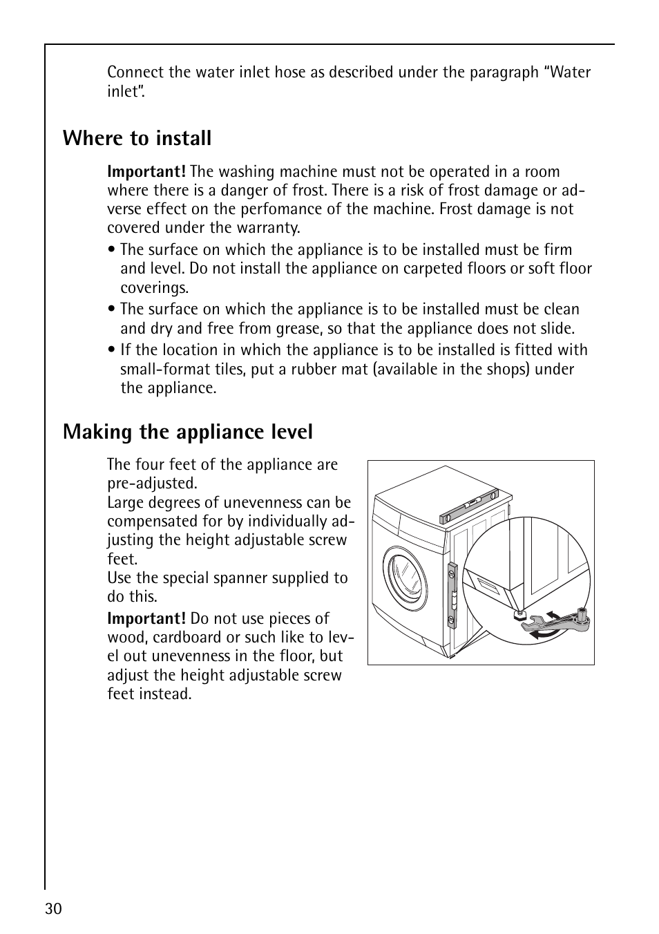 Where to install, Making the appliance level | Electrolux 76825 User Manual | Page 30 / 40