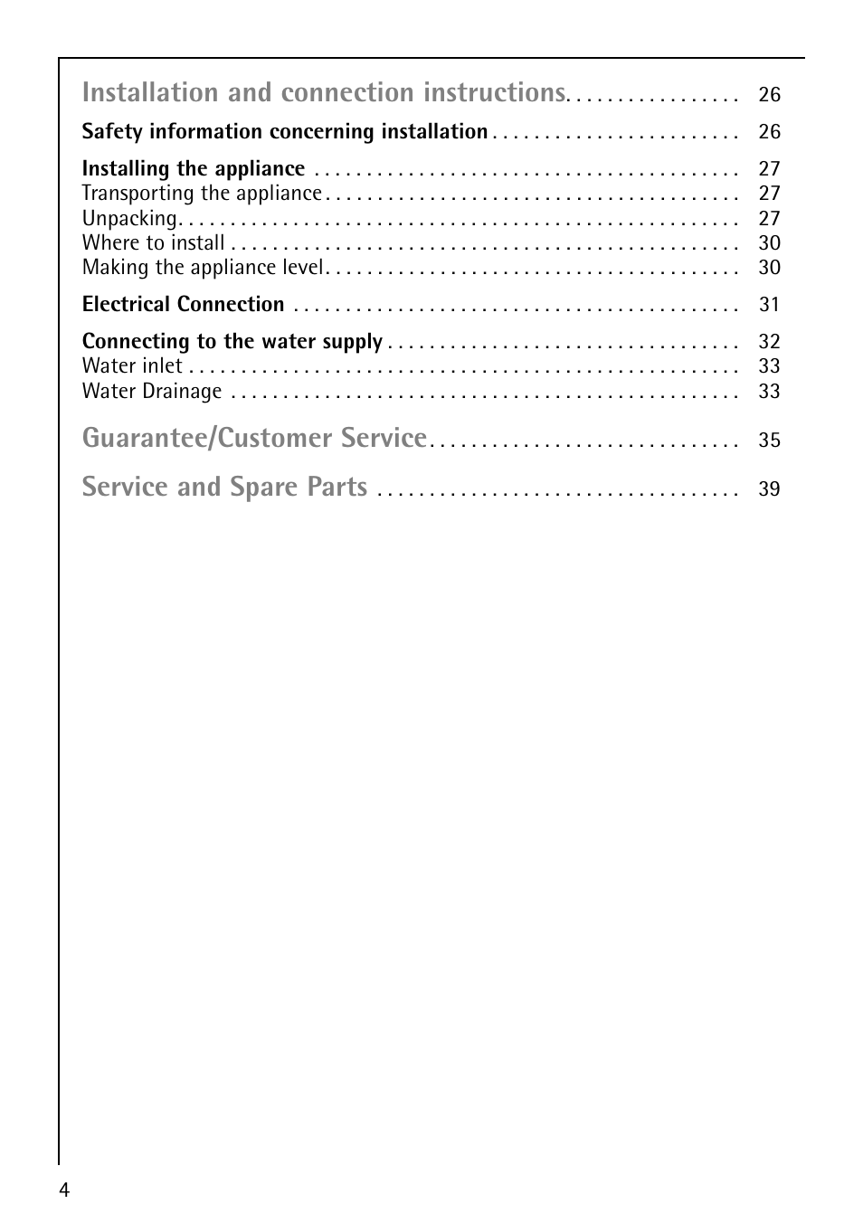 Installation and connection instructions, Guarantee/customer service, Service and spare parts | Electrolux 76825 User Manual | Page 4 / 40