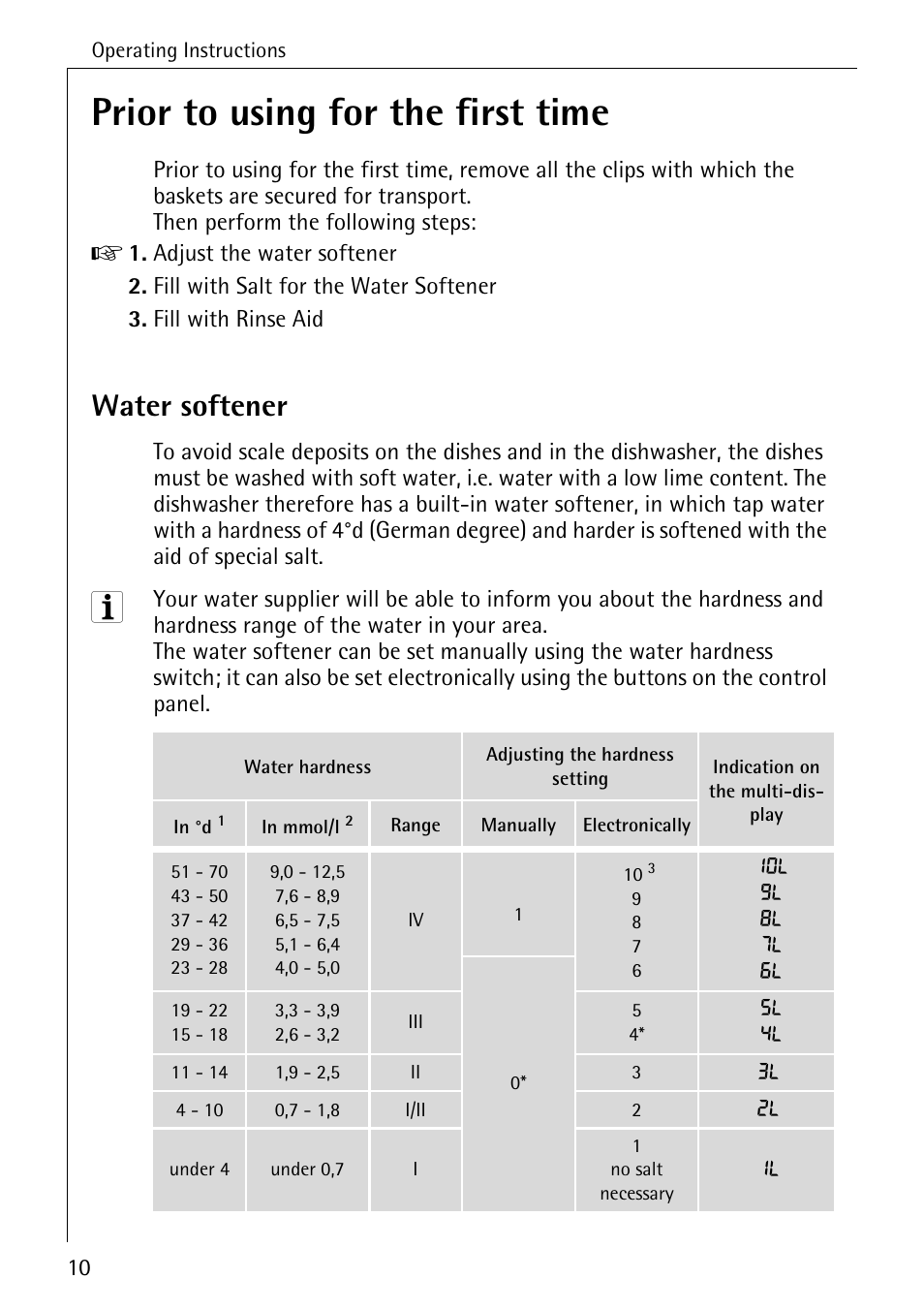 Prior to using for the first time, Water softener | Electrolux 65050 i User Manual | Page 10 / 48