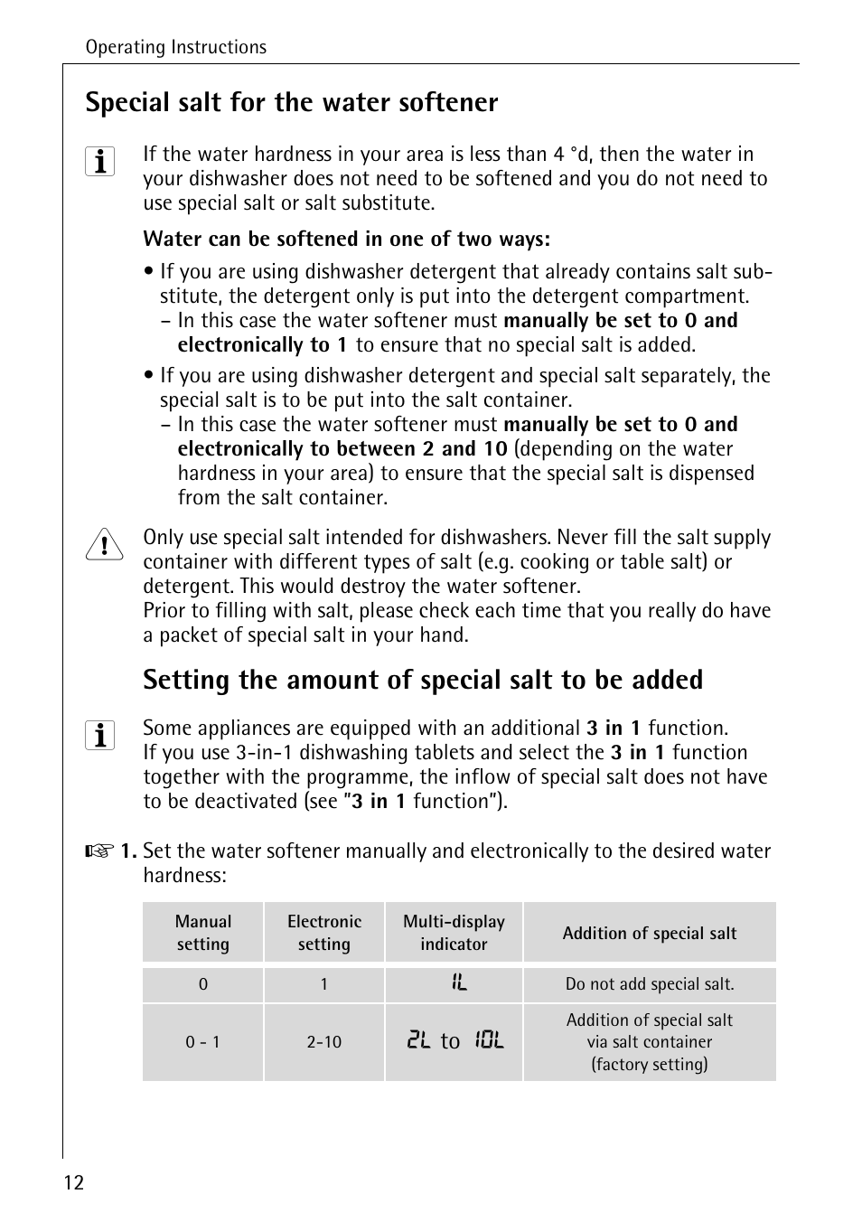 Special salt for the water softener, Setting the amount of special salt to be added | Electrolux 65050 i User Manual | Page 12 / 48