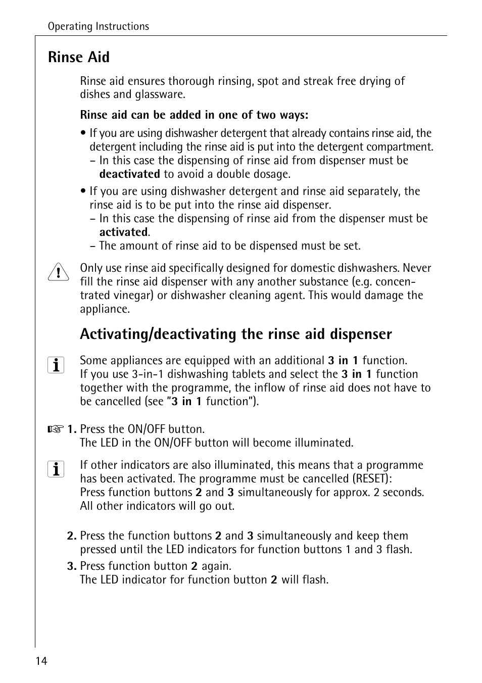 Rinse aid, Activating/deactivating the rinse aid dispenser | Electrolux 65050 i User Manual | Page 14 / 48