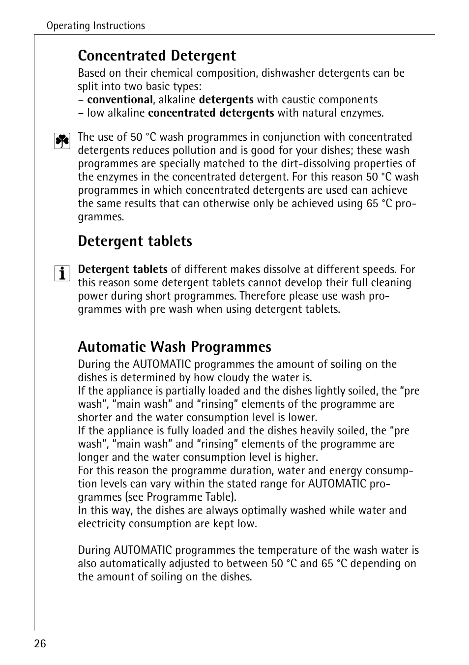 Concentrated detergent, Detergent tablets, Automatic wash programmes | Electrolux 65050 i User Manual | Page 26 / 48