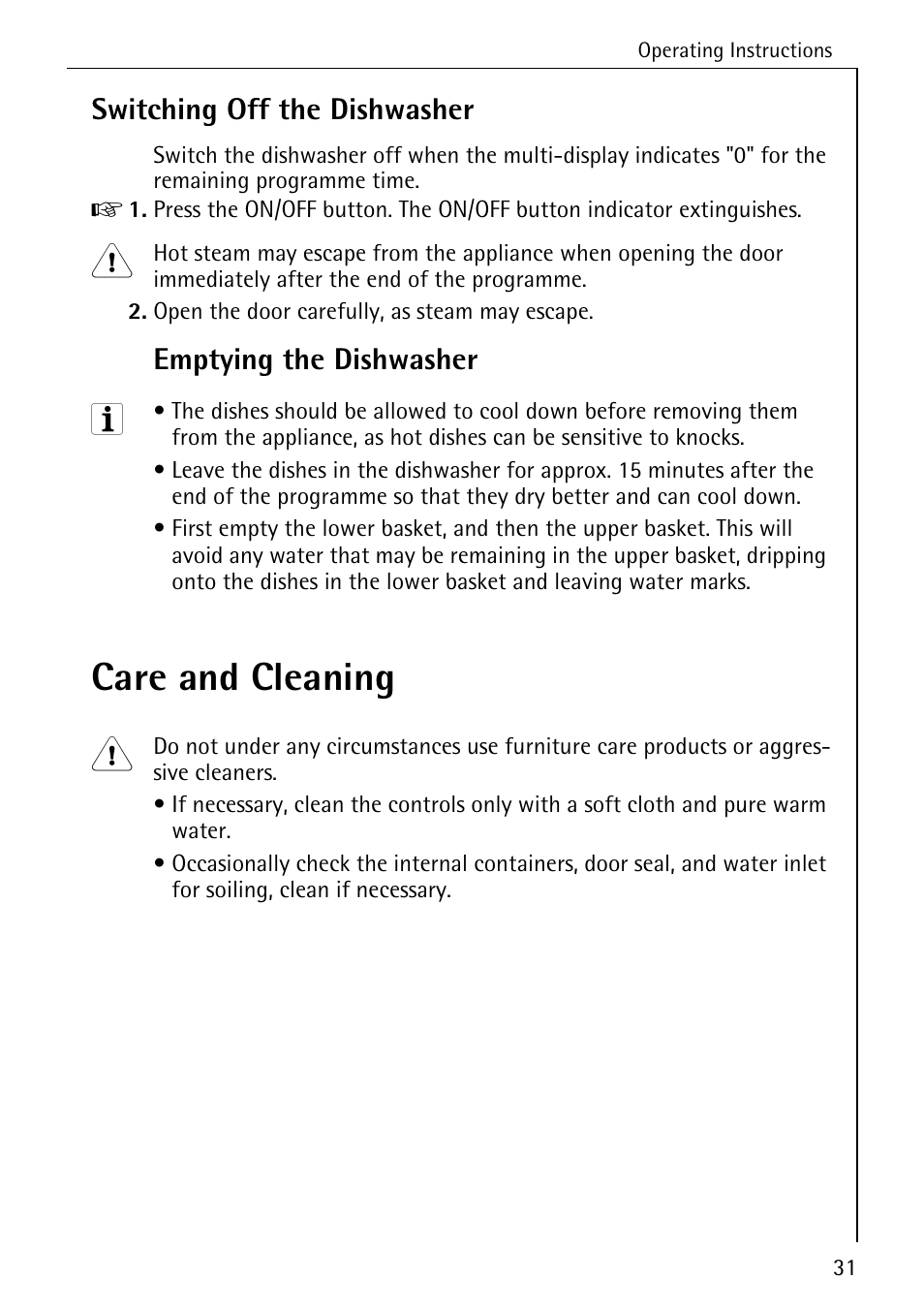 Care and cleaning, Switching off the dishwasher, Emptying the dishwasher | Electrolux 65050 i User Manual | Page 31 / 48