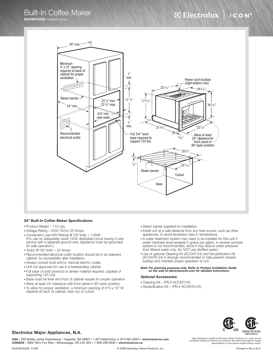 Built-in coffee maker, Electrolux major appliances, n.a | Electrolux E24CM75GSS User Manual | Page 2 / 2