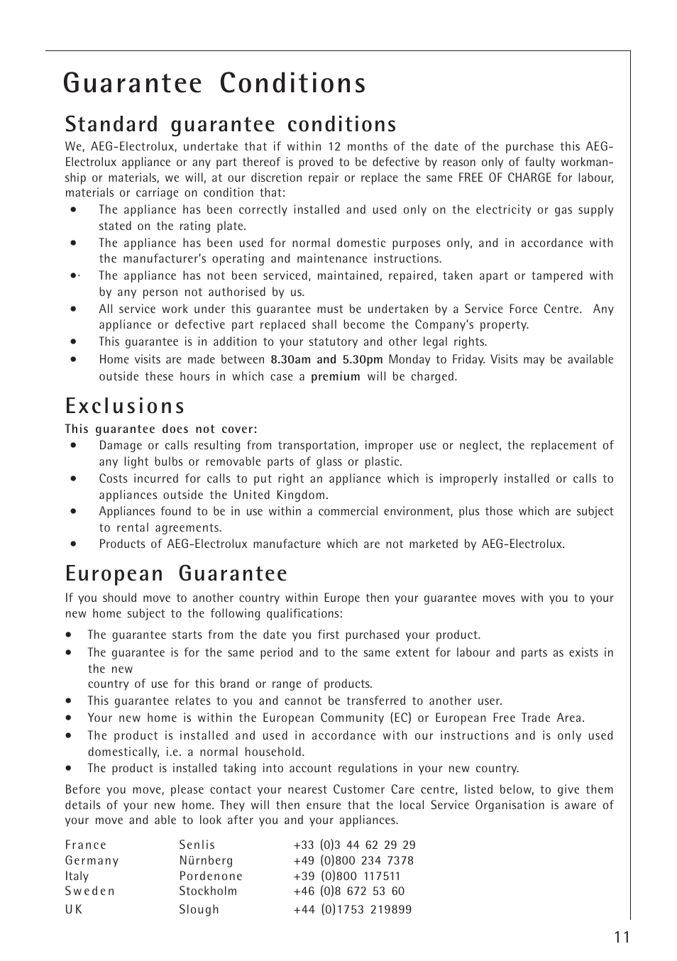 Guarantee conditions, Standard guarantee conditions, European guarantee | Electrolux 34942G User Manual | Page 11 / 28