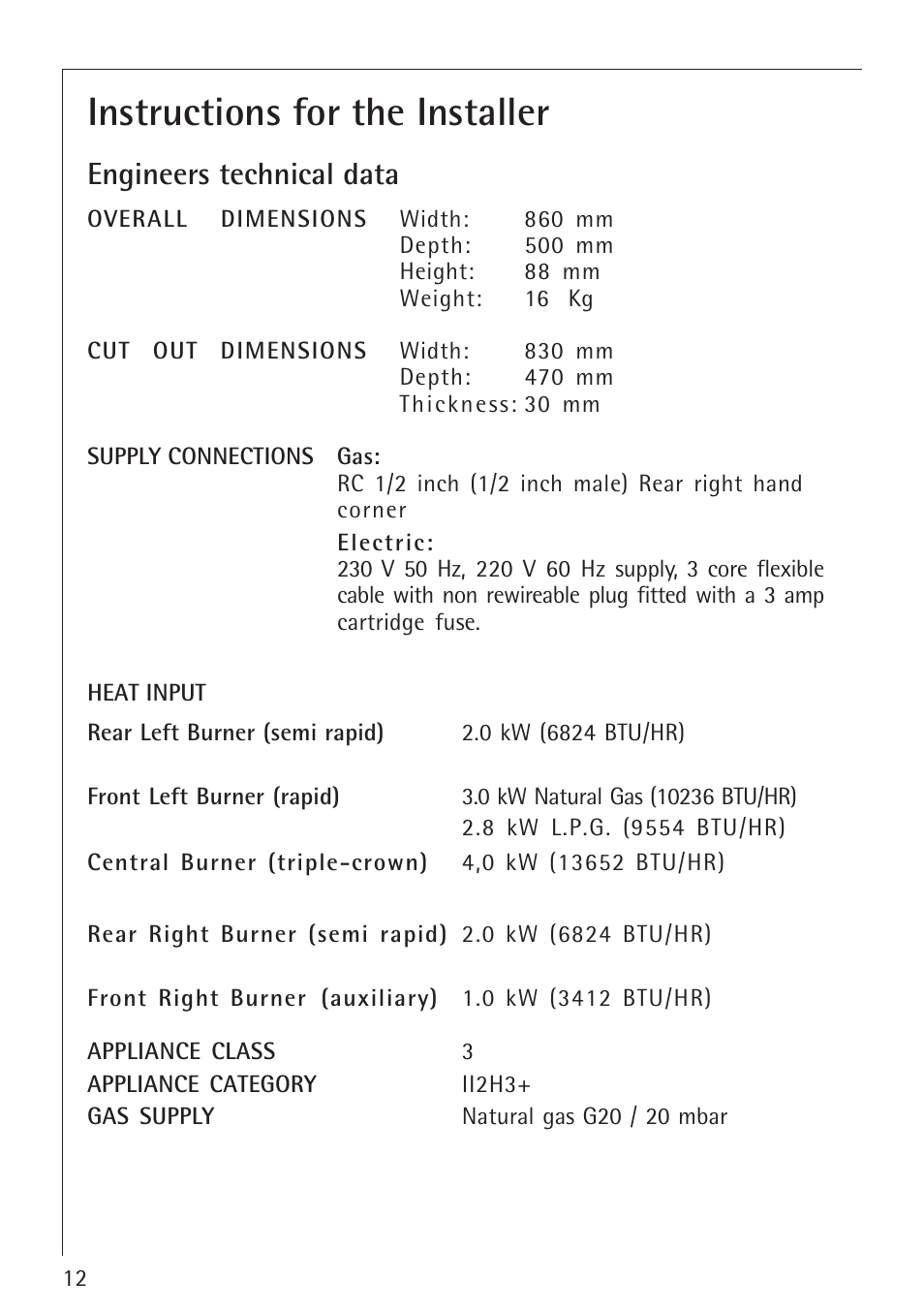Instructions for the installer, Engineers technical data | Electrolux 34942G User Manual | Page 12 / 28