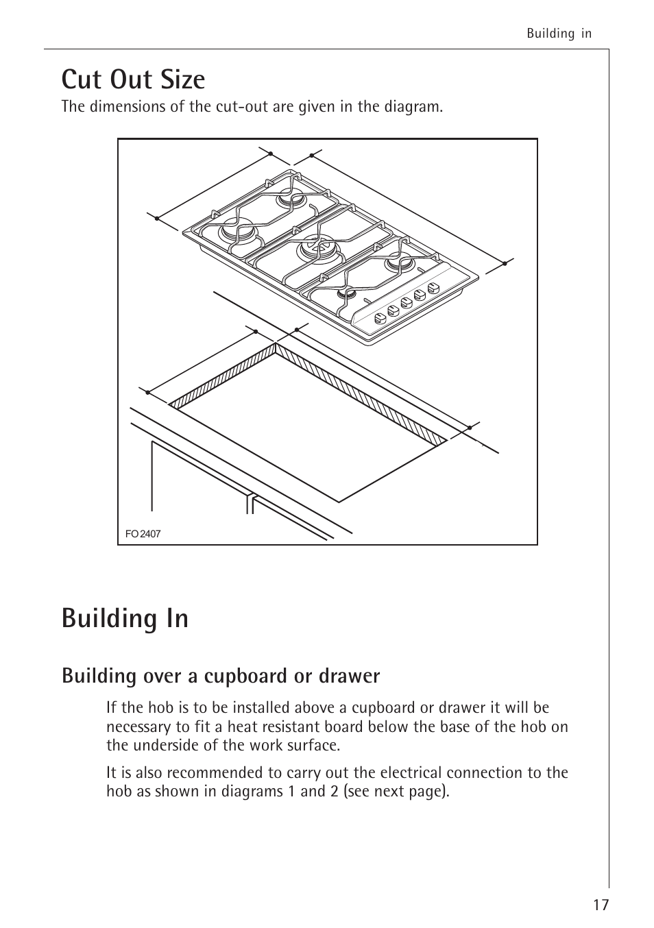 Cut out size, Building in, Building over a cupboard or drawer | Electrolux 34942G User Manual | Page 17 / 28