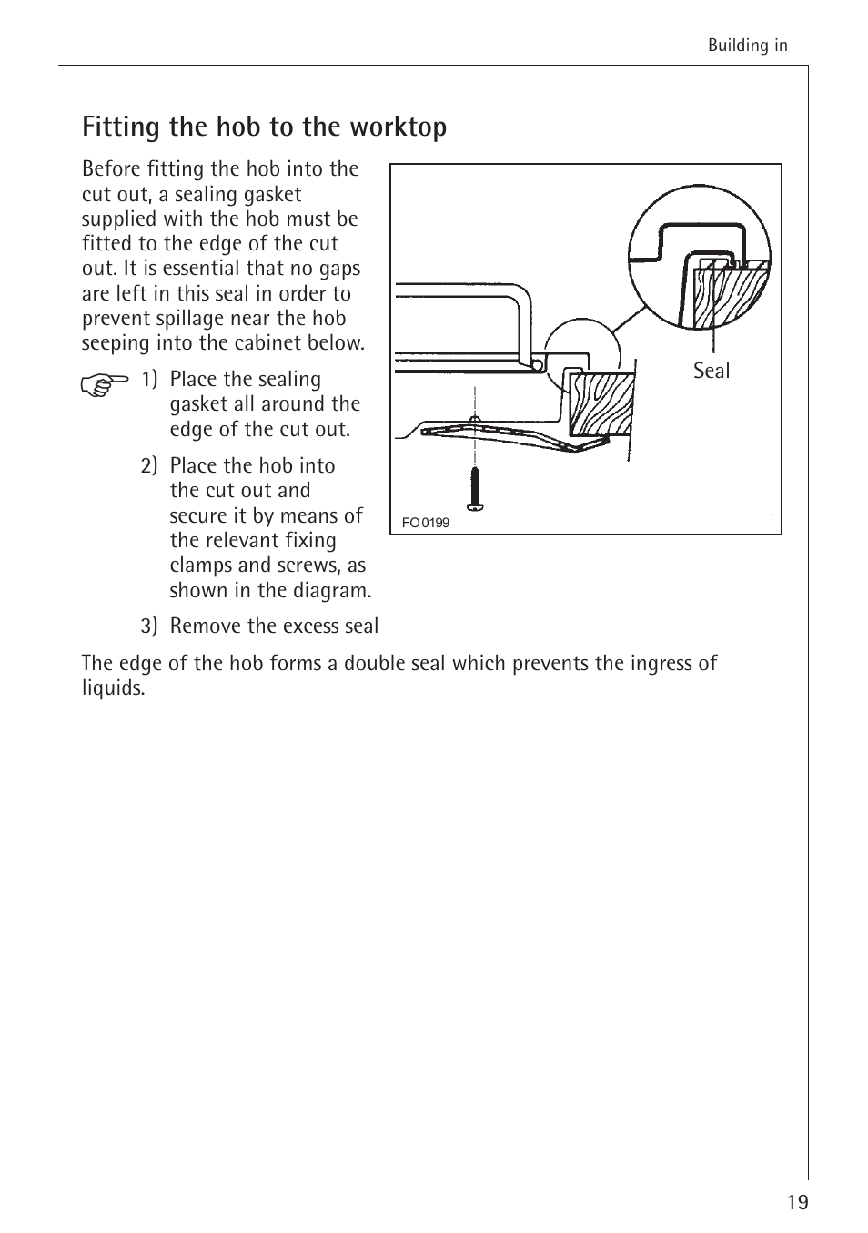 Fitting the hob to the worktop | Electrolux 34942G User Manual | Page 19 / 28