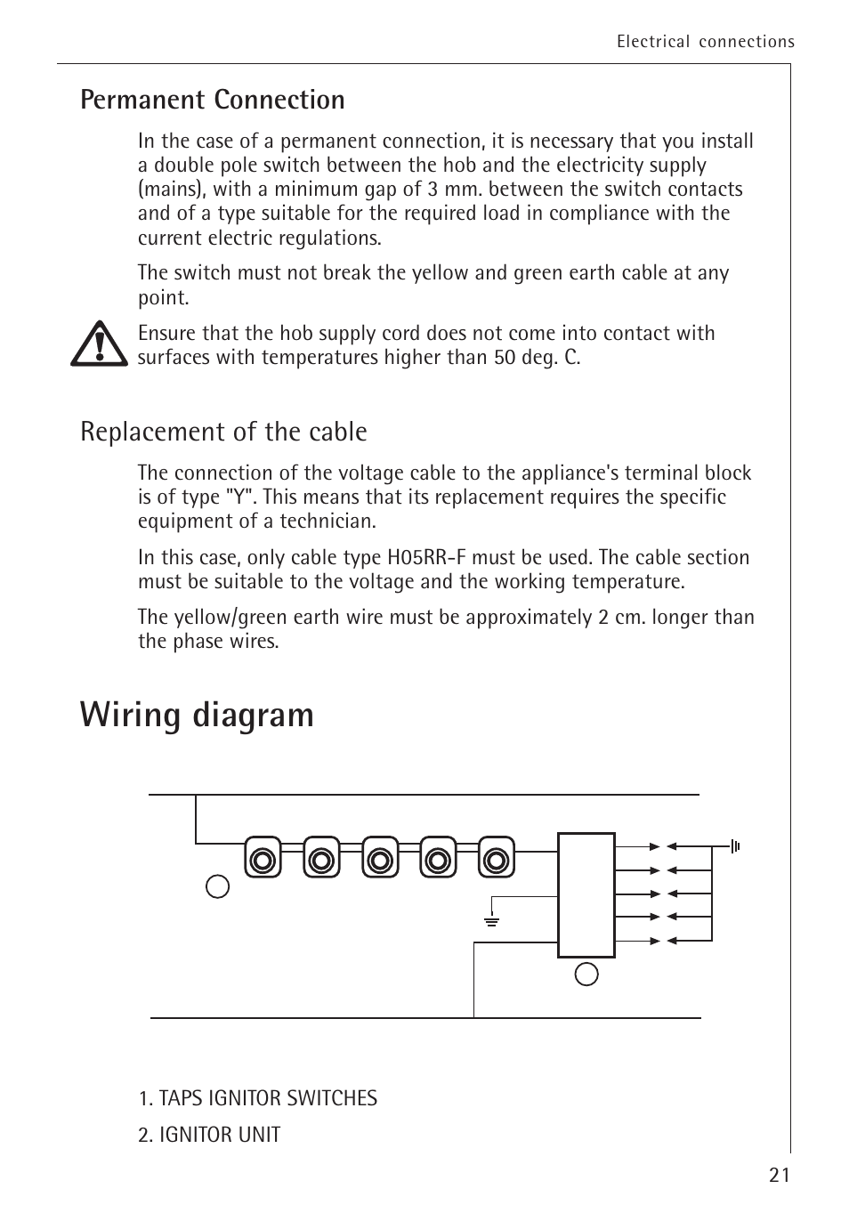 Wiring diagram, Permanent connection, Replacement of the cable | Electrolux 34942G User Manual | Page 21 / 28
