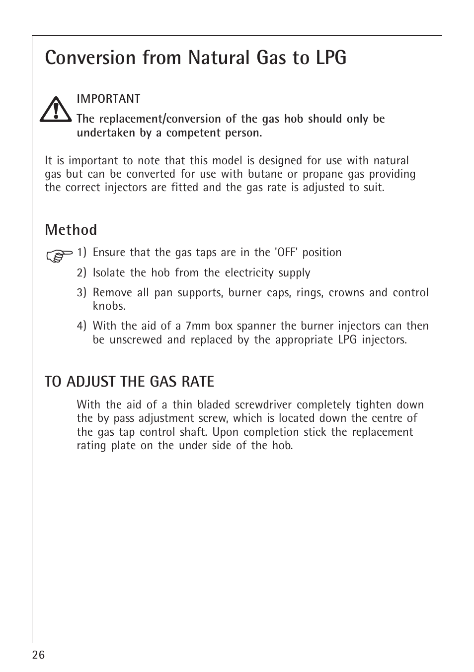 Conversion from natural gas to lpg, Method | Electrolux 34942G User Manual | Page 26 / 28