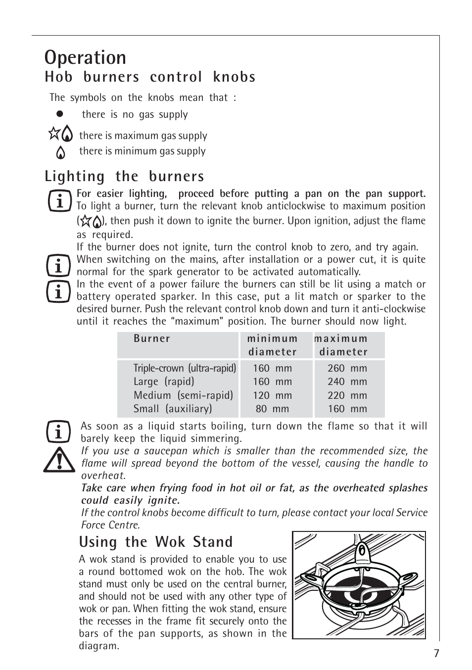 Operation, Hob burners control knobs, Lighting the burners | Using the wok stand | Electrolux 34942G User Manual | Page 7 / 28