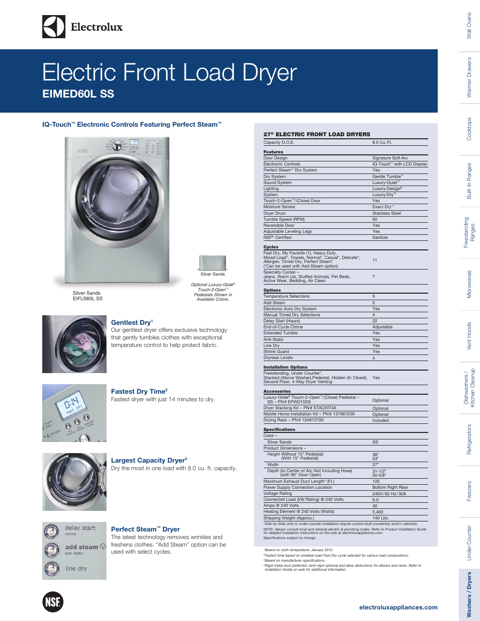 Electrolux Electric Front Load Dryer EIMED60L SS User Manual | 2 pages