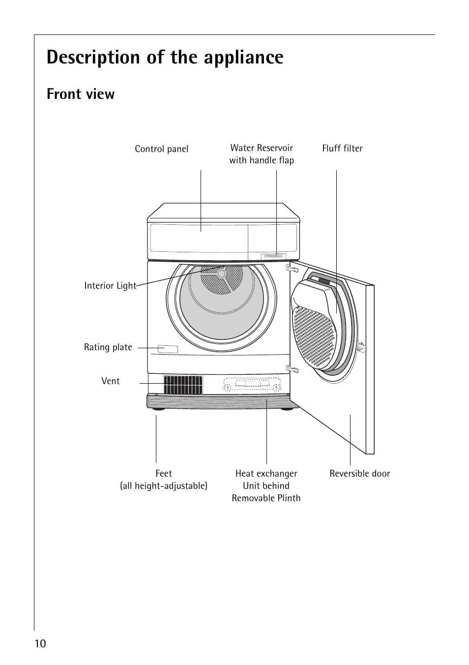 Description of the appliance, Front view | Electrolux LAVATHERM 57760 User Manual | Page 10 / 44