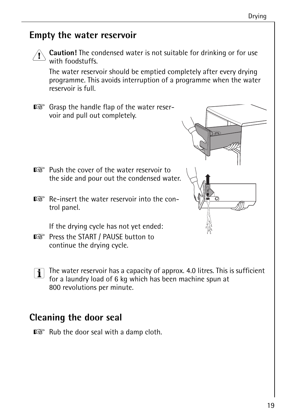 Empty the water reservoir, Cleaning the door seal | Electrolux LAVATHERM 57760 User Manual | Page 19 / 44