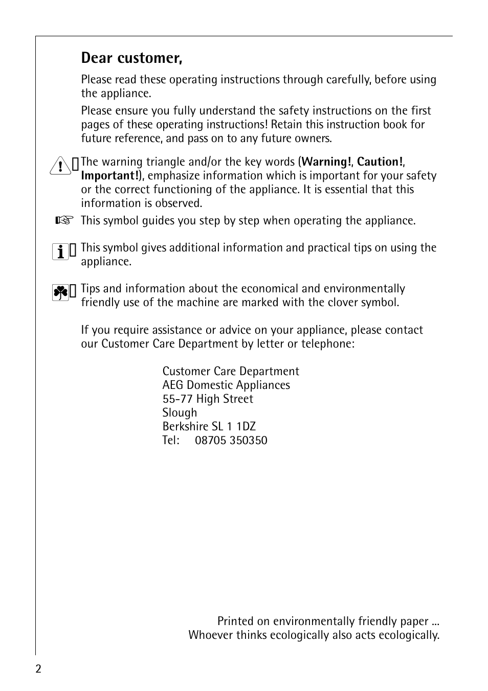 Dear customer | Electrolux LAVATHERM 57760 User Manual | Page 2 / 44