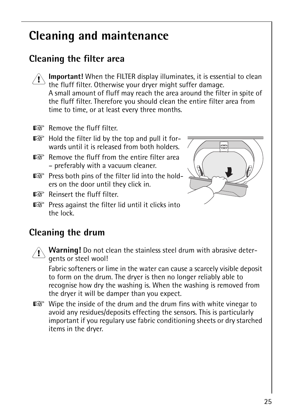 Cleaning and maintenance, Cleaning the filter area, Cleaning the drum | Electrolux LAVATHERM 57760 User Manual | Page 25 / 44