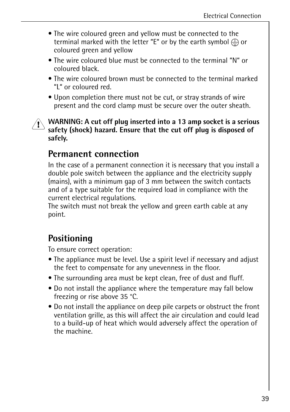 Permanent connection, Positioning | Electrolux LAVATHERM 57760 User Manual | Page 39 / 44