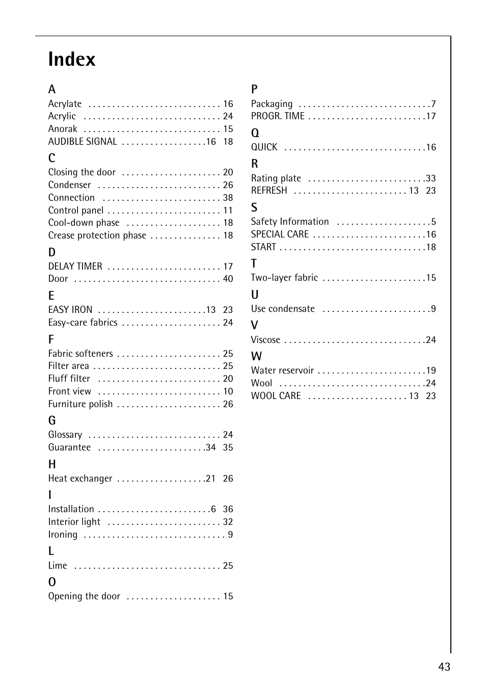 Index | Electrolux LAVATHERM 57760 User Manual | Page 43 / 44