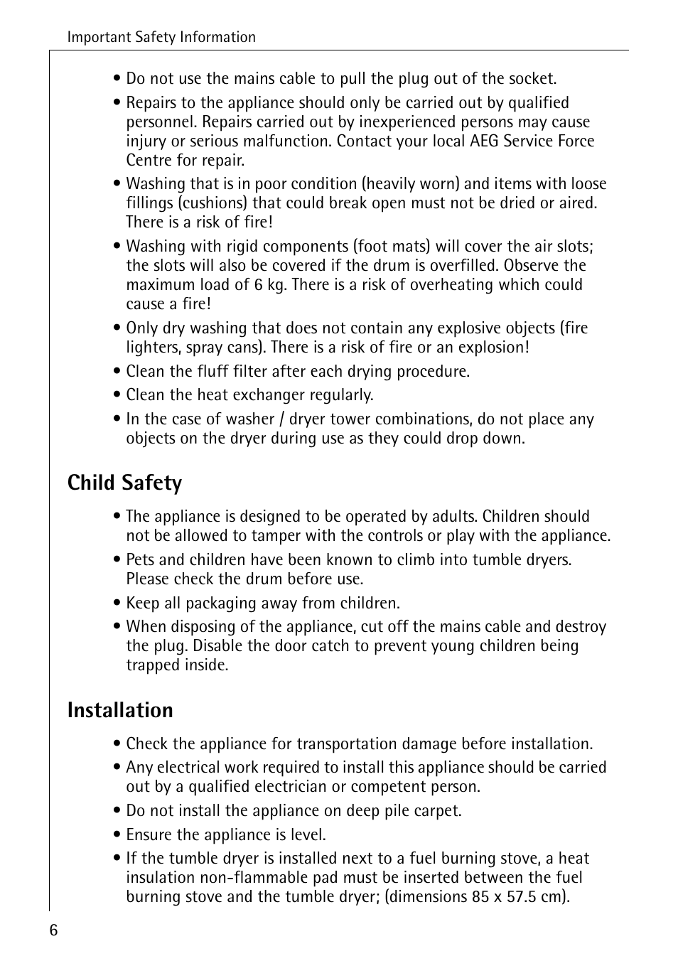 Child safety, Installation | Electrolux LAVATHERM 57760 User Manual | Page 6 / 44