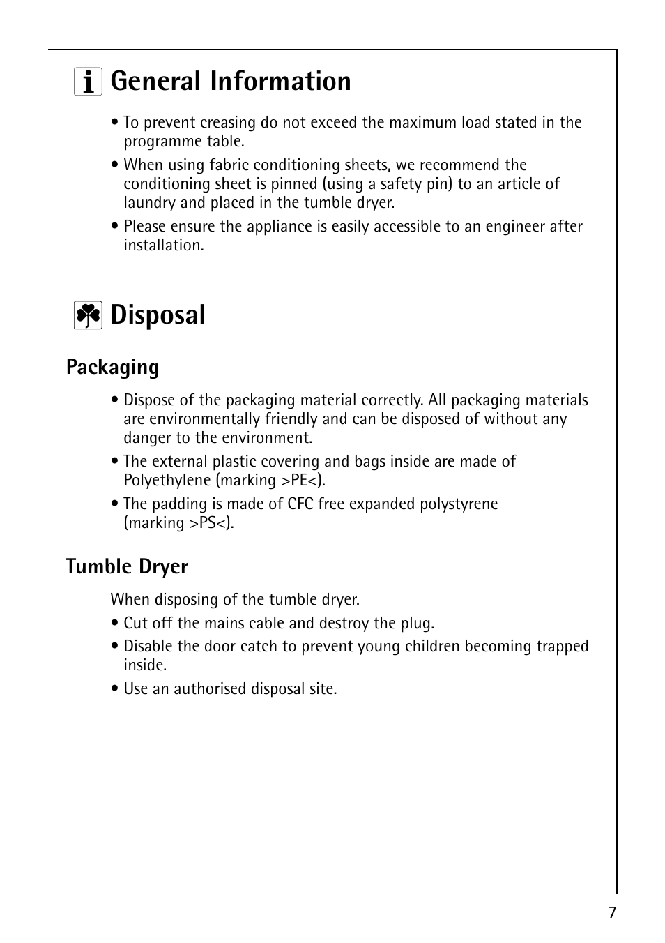 3 general information, 2 disposal, Packaging | Tumble dryer | Electrolux LAVATHERM 57760 User Manual | Page 7 / 44