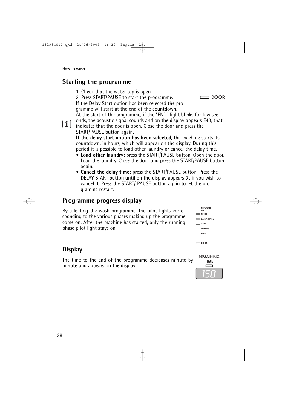 Starting the programme, Programme progress display, Display | Electrolux 12830 User Manual | Page 28 / 56