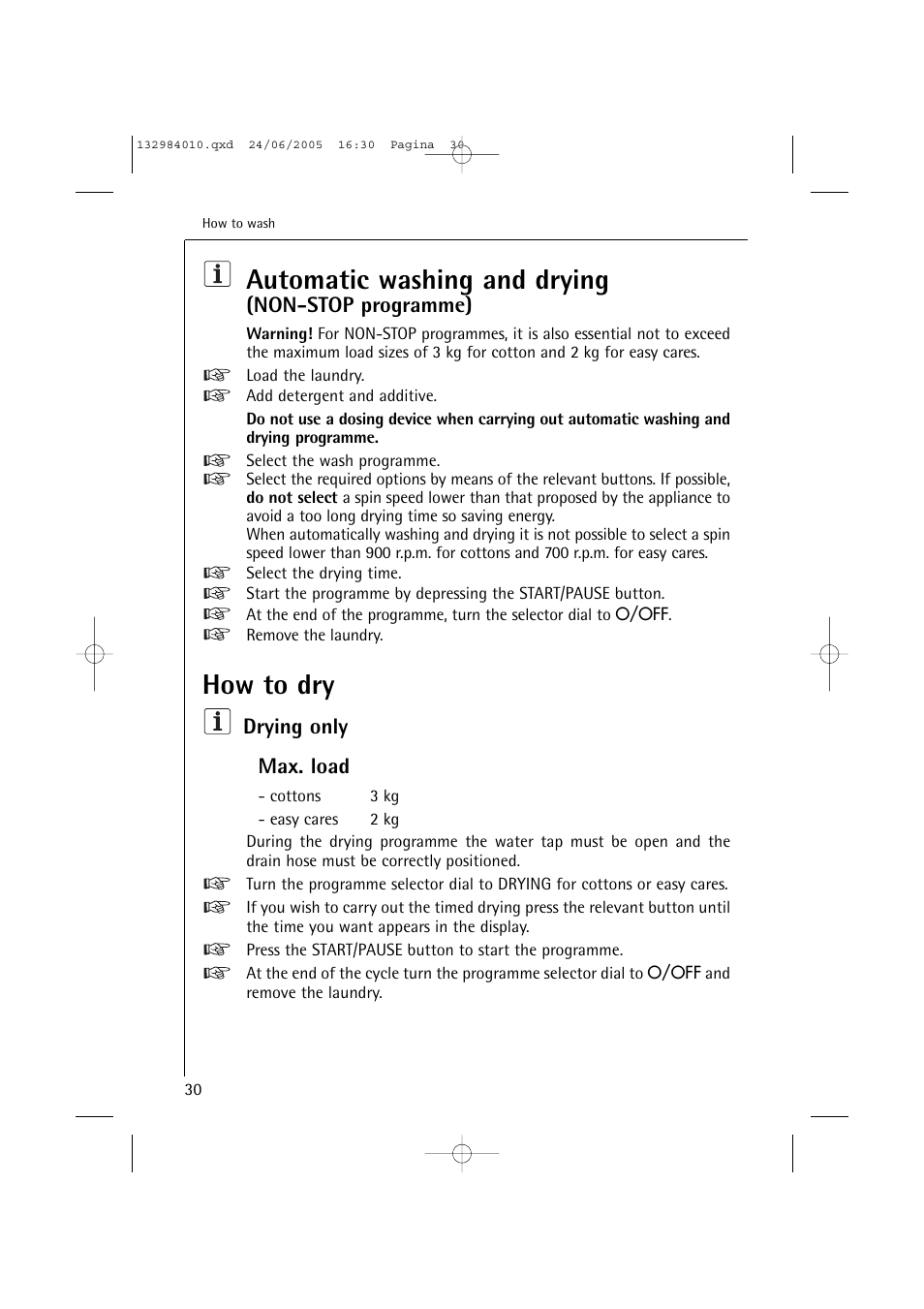 Automatic washing and drying, How to dry, Non-stop programme) | Drying only max. load | Electrolux 12830 User Manual | Page 30 / 56