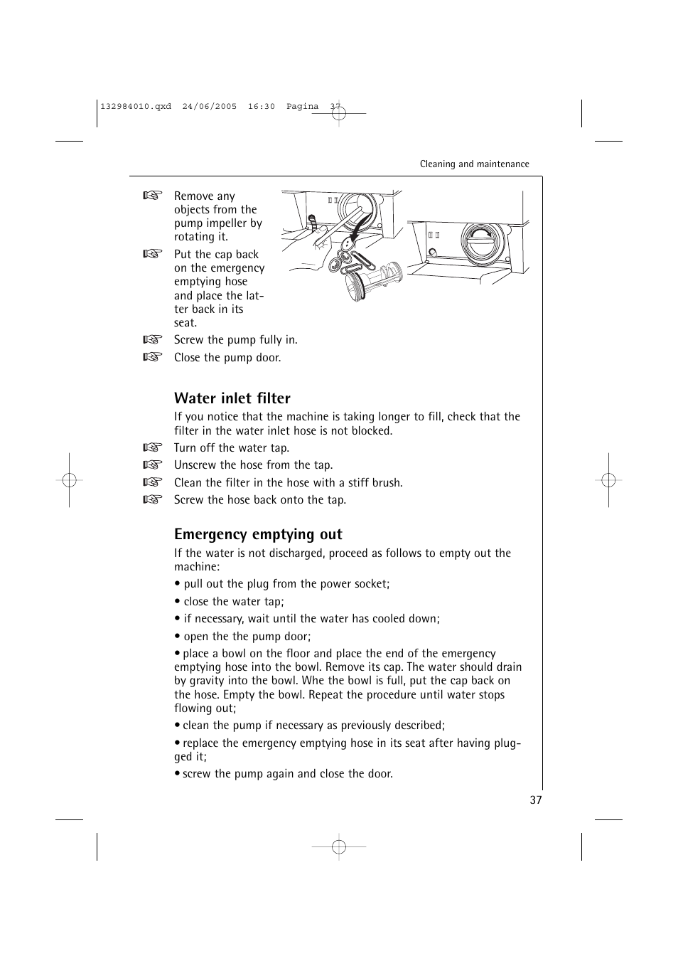 Water inlet filter, Emergency emptying out | Electrolux 12830 User Manual | Page 37 / 56