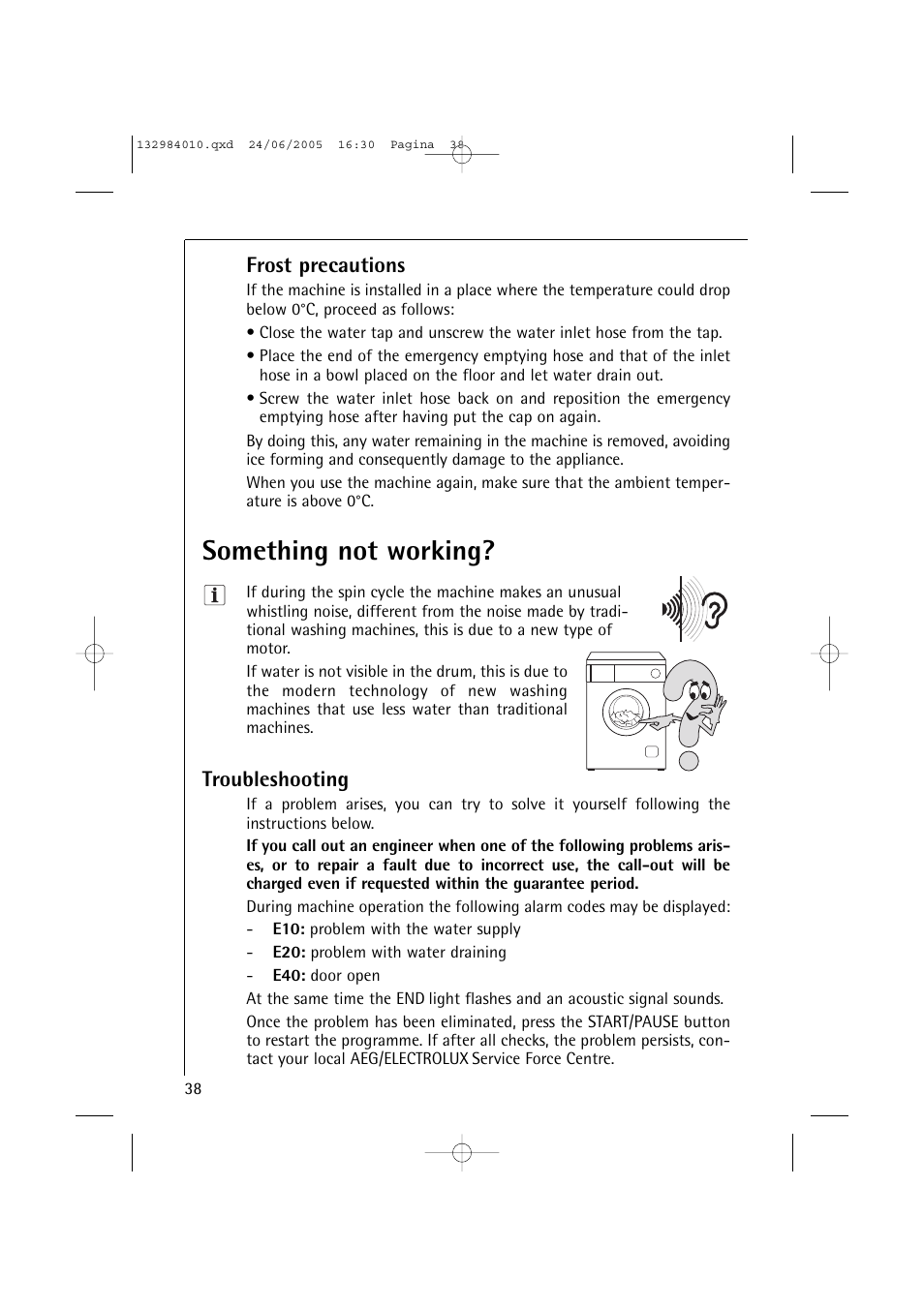 Something not working, Frost precautions, Troubleshooting | Electrolux 12830 User Manual | Page 38 / 56