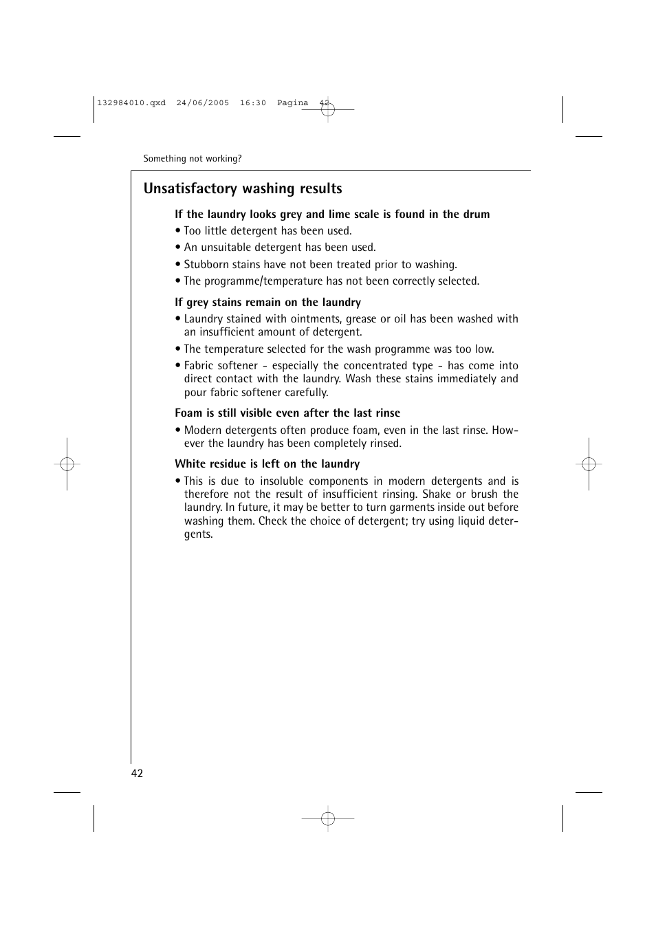 Unsatisfactory washing results | Electrolux 12830 User Manual | Page 42 / 56