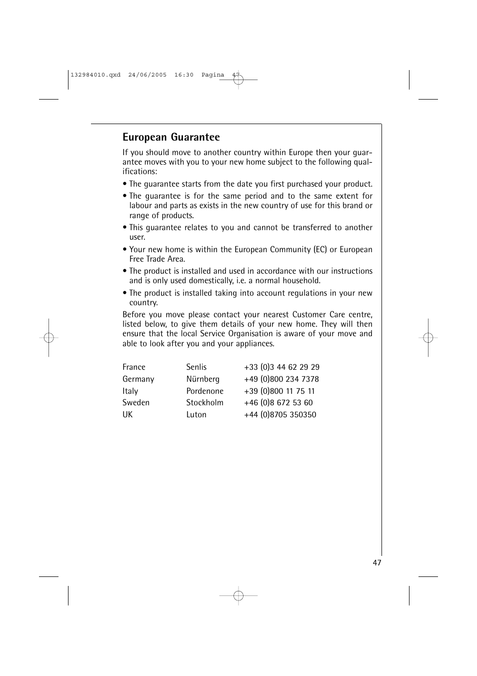 European guarantee | Electrolux 12830 User Manual | Page 47 / 56