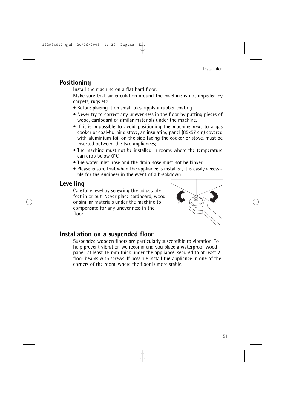 Positioning, Levelling, Installation on a suspended floor | Electrolux 12830 User Manual | Page 51 / 56