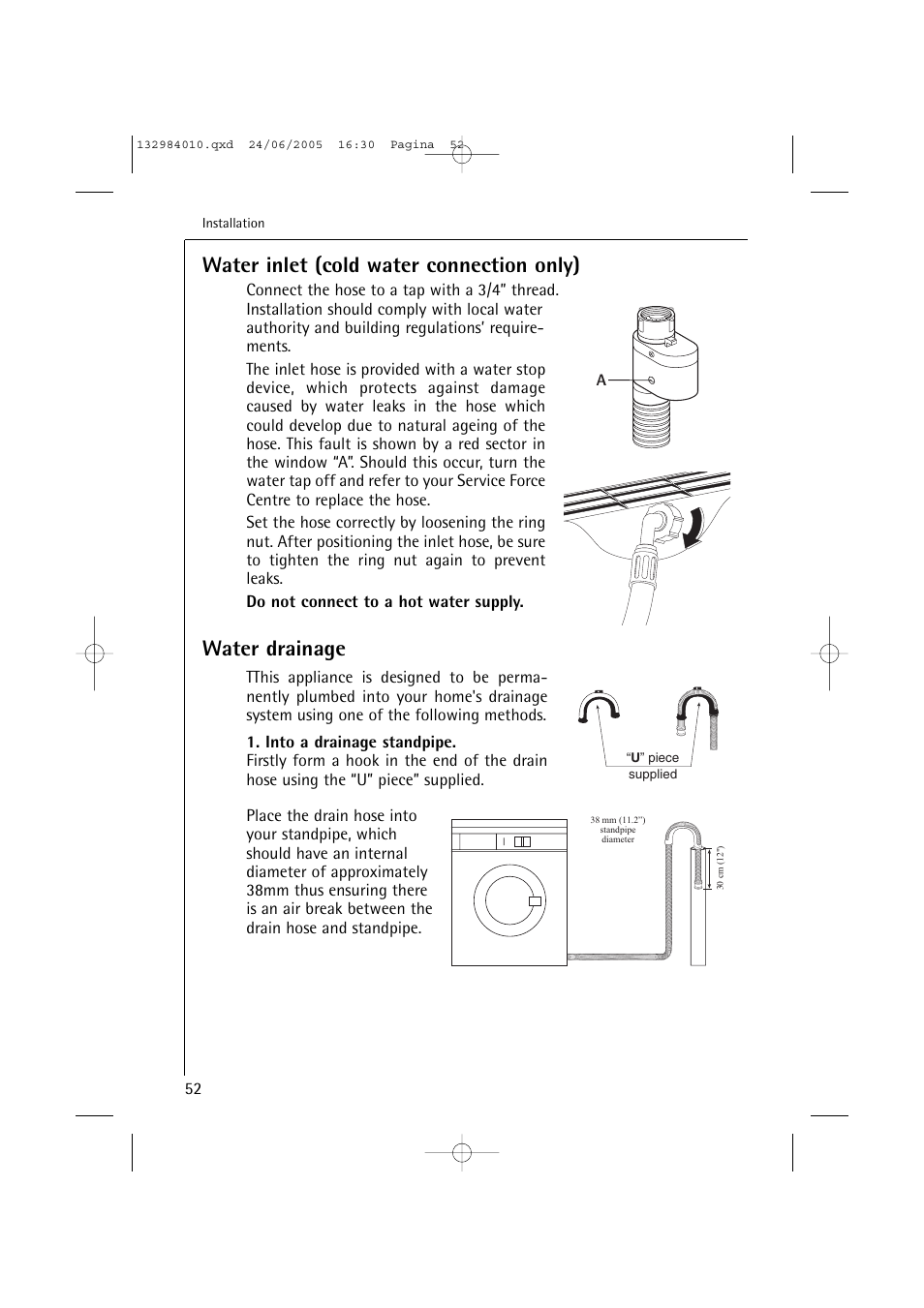 Water inlet (cold water connection only), Water drainage | Electrolux 12830 User Manual | Page 52 / 56