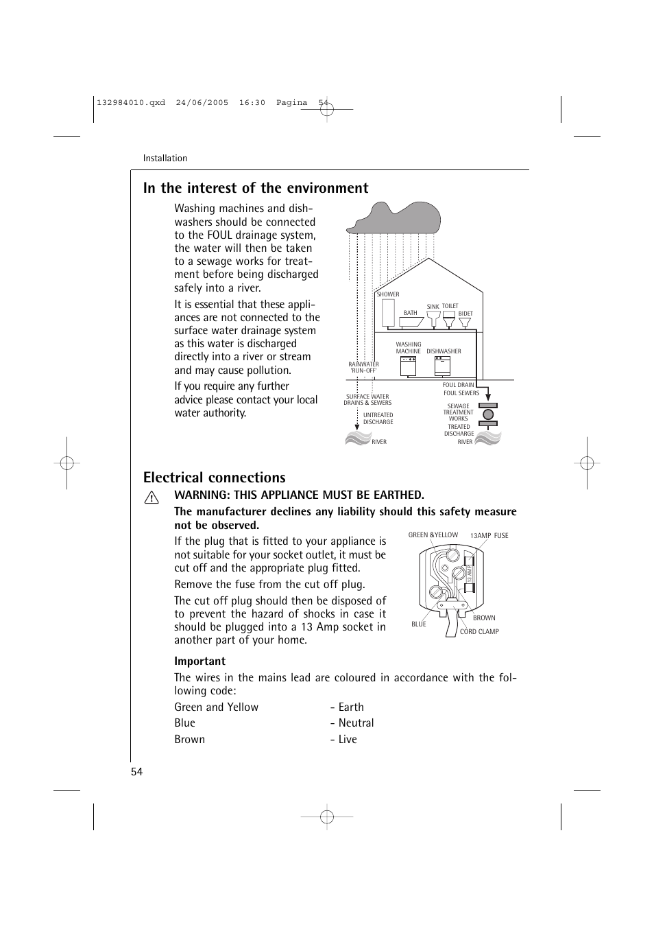 Electrical connections | Electrolux 12830 User Manual | Page 54 / 56