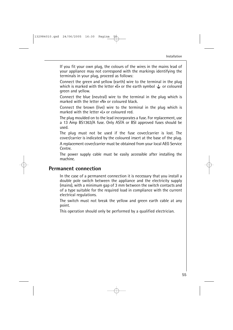 Permanent connection | Electrolux 12830 User Manual | Page 55 / 56