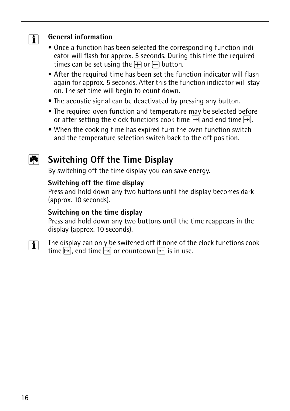 Switching off the time display | Electrolux B1100-2 User Manual | Page 16 / 44