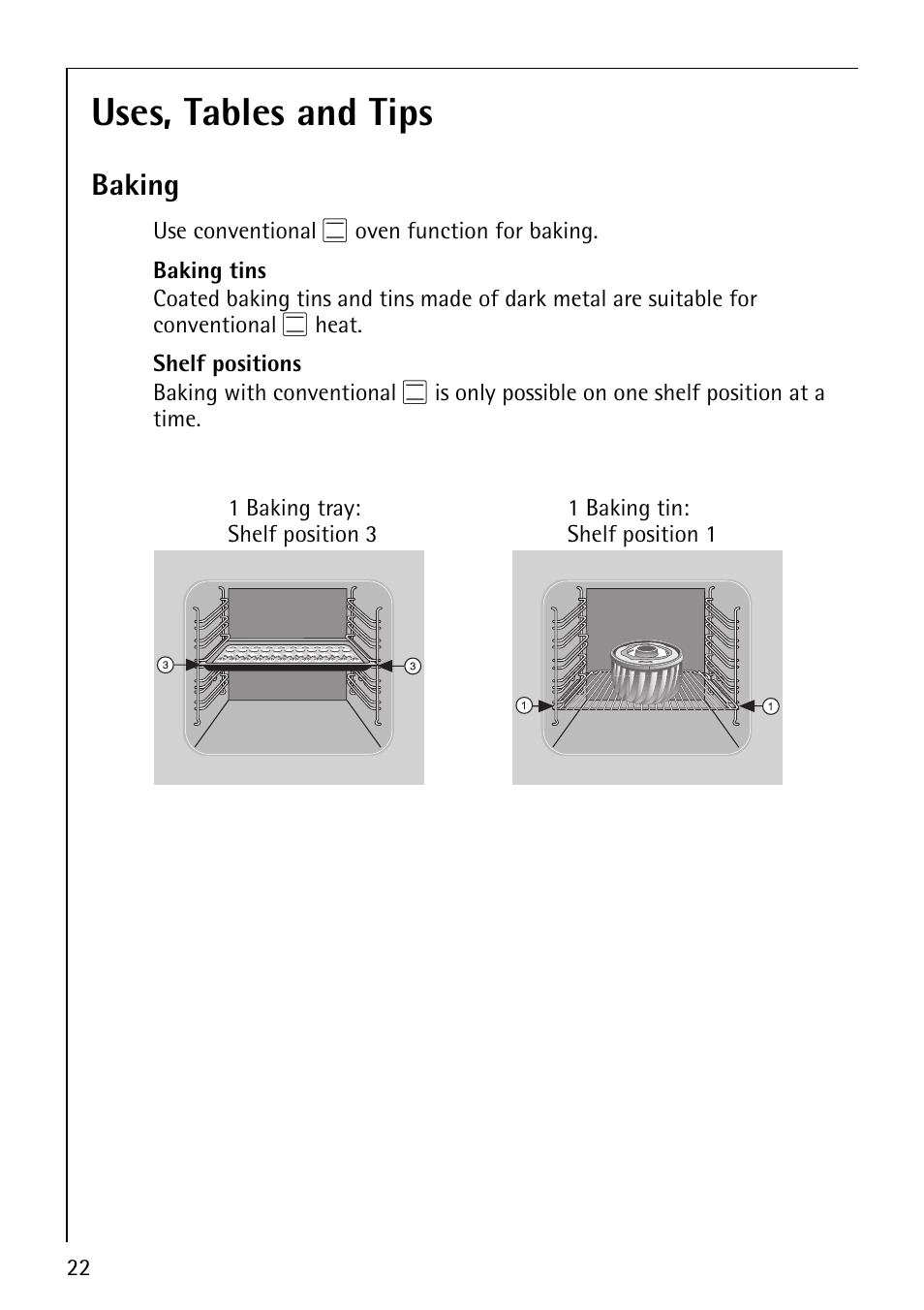 Uses, tables and tips, Baking | Electrolux B1100-2 User Manual | Page 22 / 44